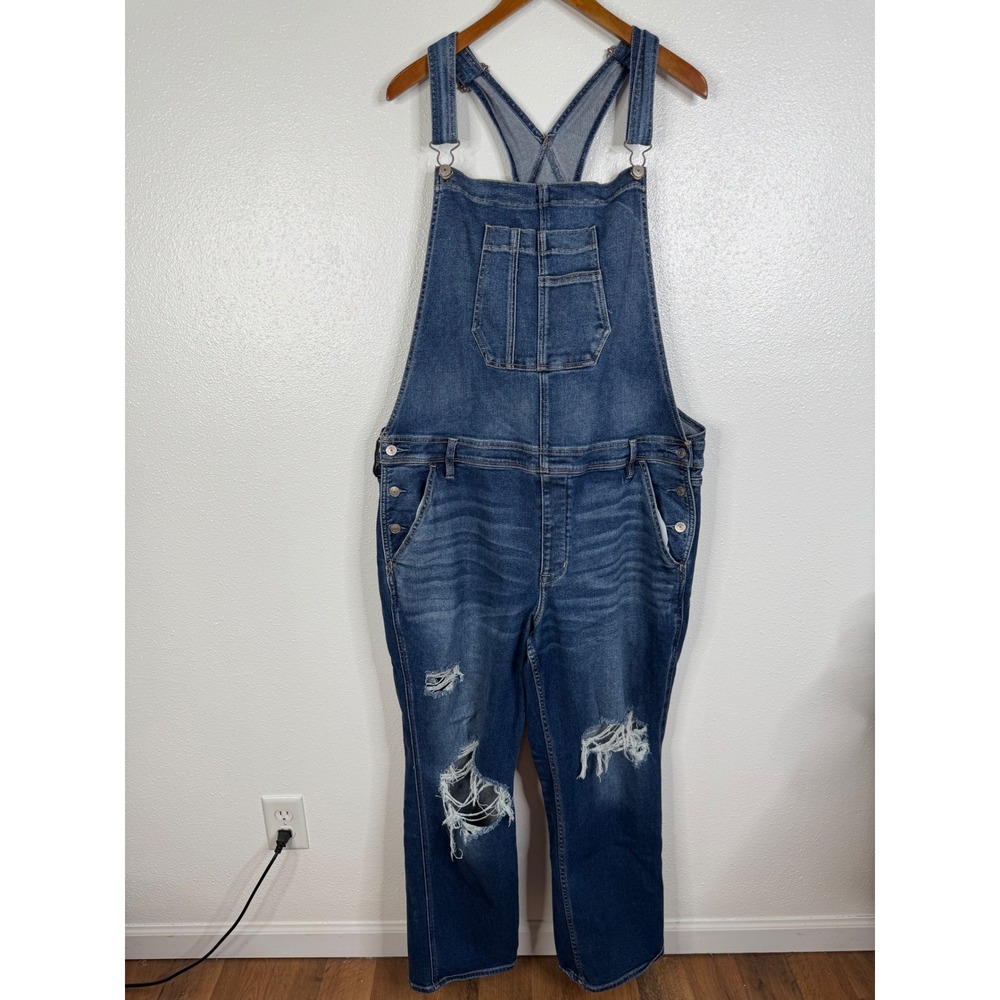 American Eagle Tomgirl Overalls Womens XXL Blue Denim Distressed Ripped Stretch